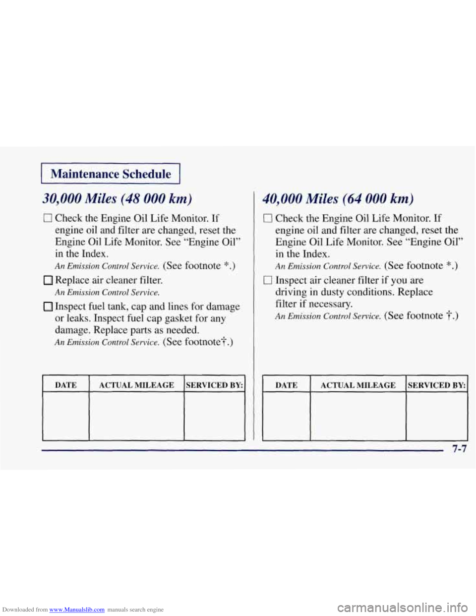 CHEVROLET CORVETTE 1997 5.G Owners Manual Downloaded from www.Manualslib.com manuals search engine I Maintenance Schedule 1
30,000 Miles (48 000 km)
0 Check the Engine Oil Life Monitor. If
engine oil and filter are changed, reset th CHEVROLET CORVETTE 1997 5.G Owners Manual Downloaded from www.Manualslib.com manuals search engine I Maintenance Schedule 1
30,000 Miles (48 000 km)
0 Check the Engine Oil Life Monitor. If
engine oil and filter are changed, reset th