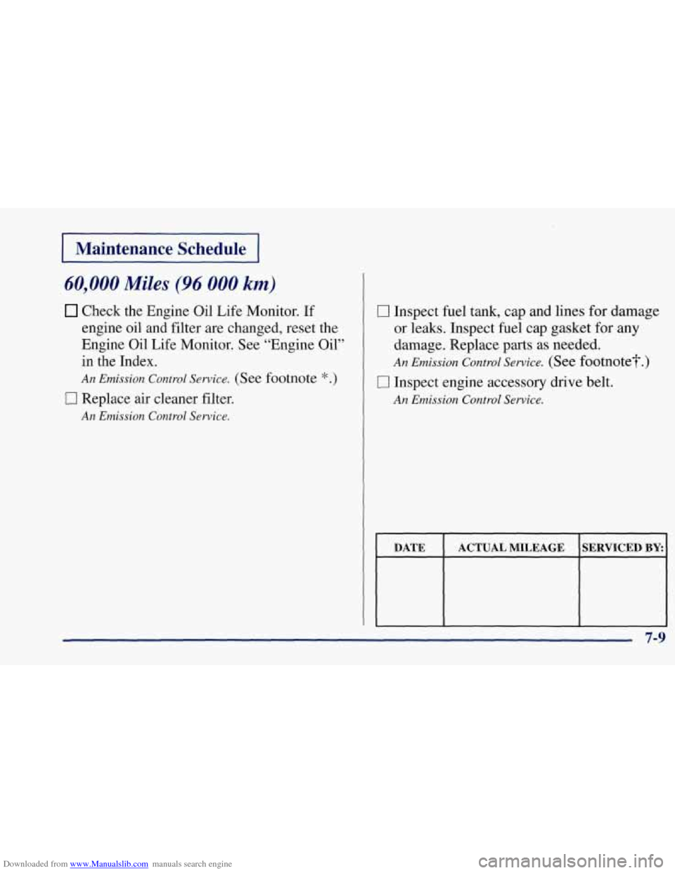 CHEVROLET CORVETTE 1997 5.G Owners Manual Downloaded from www.Manualslib.com manuals search engine I Maintenance Schedule I
60,000 Miles (96 000 km)
Check the Engine Oil Life Monitor. If
engine oil and filter are changed, reset the CHEVROLET CORVETTE 1997 5.G Owners Manual Downloaded from www.Manualslib.com manuals search engine I Maintenance Schedule I
60,000 Miles (96 000 km)
Check the Engine Oil Life Monitor. If
engine oil and filter are changed, reset the