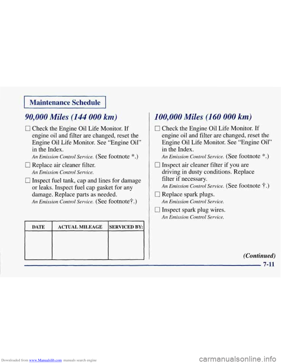 CHEVROLET CORVETTE 1997 5.G Owners Manual Downloaded from www.Manualslib.com manuals search engine I Maintenance Schedule I
90,000 Miles (144 000 km)
0 Check the Engine Oil Life Monitor. If
engine oil and filter are changed, reset t CHEVROLET CORVETTE 1997 5.G Owners Manual Downloaded from www.Manualslib.com manuals search engine I Maintenance Schedule I
90,000 Miles (144 000 km)
0 Check the Engine Oil Life Monitor. If
engine oil and filter are changed, reset t