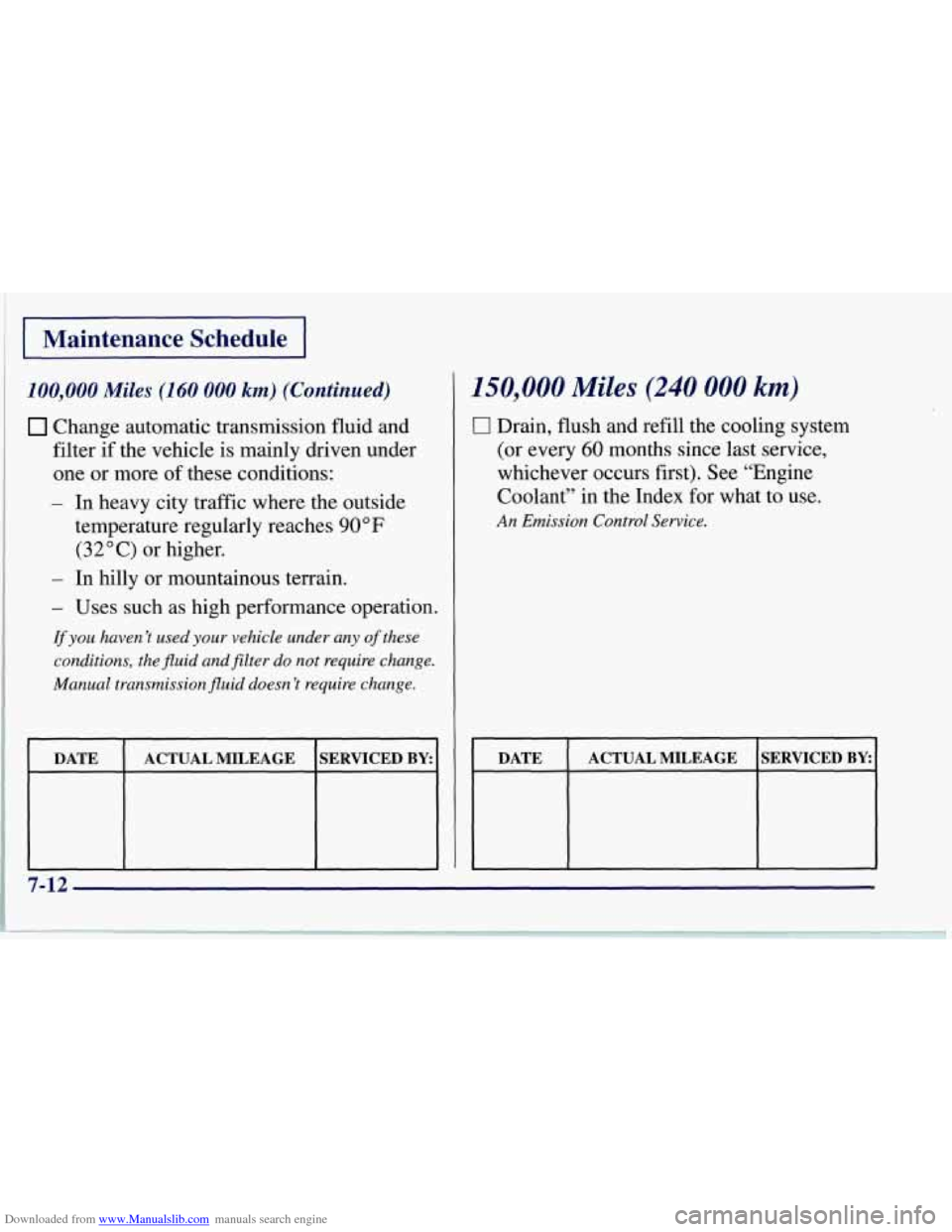 CHEVROLET CORVETTE 1997 5.G Owners Manual Downloaded from www.Manualslib.com manuals search engine Maintenance Schedule
100,000 Miles (160 000 km) (Continued)
Change automatic transmission fluid and
filter if the vehicle is mainly d CHEVROLET CORVETTE 1997 5.G Owners Manual Downloaded from www.Manualslib.com manuals search engine Maintenance Schedule
100,000 Miles (160 000 km) (Continued)
Change automatic transmission fluid and
filter if the vehicle is mainly d