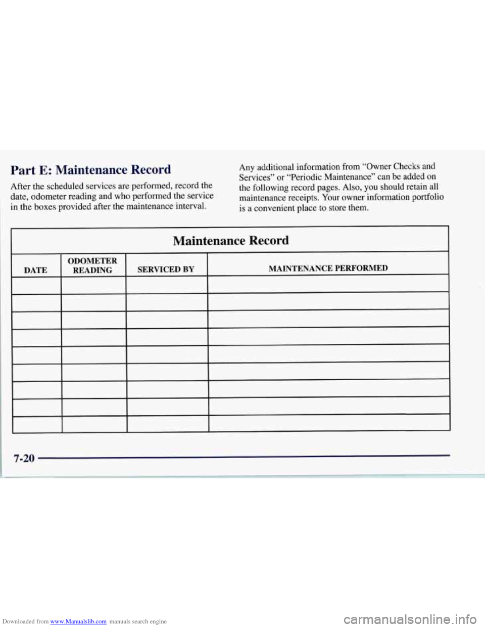 CHEVROLET CORVETTE 1997 5.G Owners Manual Downloaded from www.Manualslib.com manuals search engine Part E: Maintenance Record
After the scheduled services are performed, record the
I date, odometer reading and who performed the CHEVROLET CORVETTE 1997 5.G Owners Manual Downloaded from www.Manualslib.com manuals search engine Part E: Maintenance Record
After the scheduled services are performed, record the
I date, odometer reading and who performed the