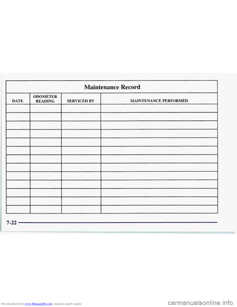 CHEVROLET CORVETTE 1997 5.G Owners Manual Downloaded from www.Manualslib.com manuals search engine Maintenance Record
ODOMETER
DATE READING SERVICED
BY MAINTENANCE PERFORMED
7-22 CHEVROLET CORVETTE 1997 5.G Owners Manual Downloaded from www.Manualslib.com manuals search engine Maintenance Record
ODOMETER
DATE READING SERVICED
BY MAINTENANCE PERFORMED
7-22