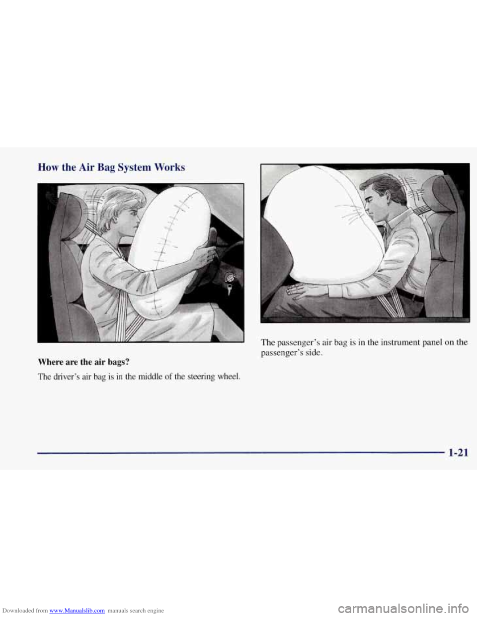 CHEVROLET CORVETTE 1997 5.G Owners Guide Downloaded from www.Manualslib.com manuals search engine How the Air Bag System Works
I
The passengers air bag
passengers side.
Where are the air bags?
The drivers air bag is in t CHEVROLET CORVETTE 1997 5.G Owners Guide Downloaded from www.Manualslib.com manuals search engine How the Air Bag System Works
I
The passengers air bag
passengers side.
Where are the air bags?
The drivers air bag is in t
