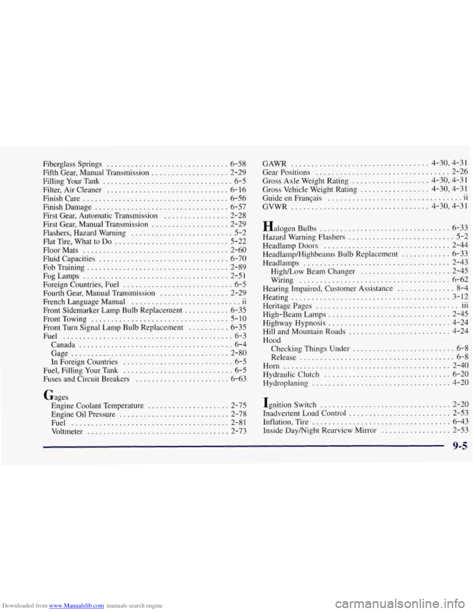 CHEVROLET CORVETTE 1997 5.G Owners Manual Downloaded from www.Manualslib.com manuals search engine Fiberglass Springs .............................. 6-58
Fifth Gear. Manual Transmission
................... 2-29
Filling Your Tank
... CHEVROLET CORVETTE 1997 5.G Owners Manual Downloaded from www.Manualslib.com manuals search engine Fiberglass Springs .............................. 6-58
Fifth Gear. Manual Transmission
................... 2-29
Filling Your Tank
...