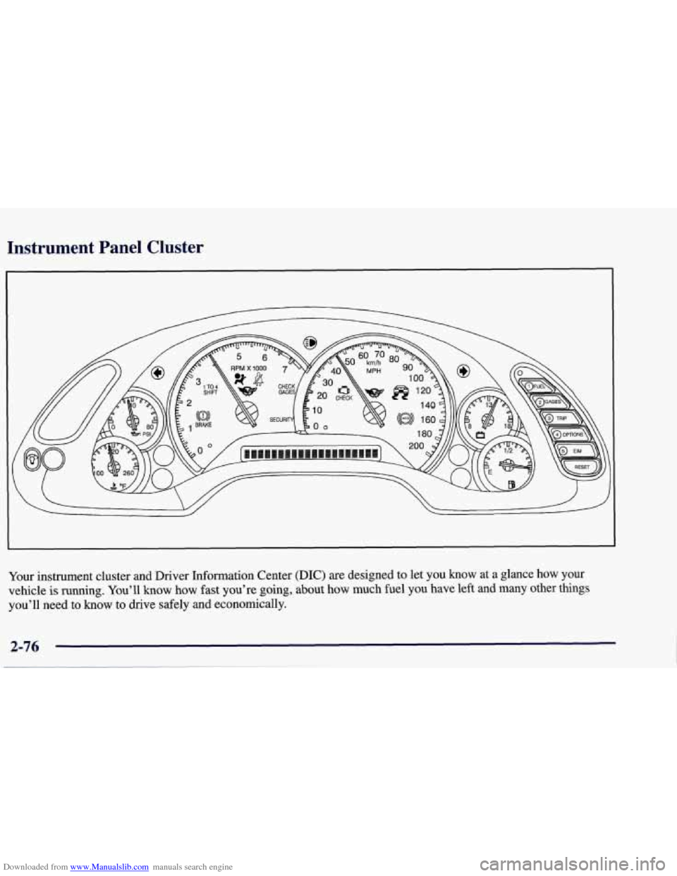CHEVROLET CORVETTE 1998 5.G Owners Manual Downloaded from www.Manualslib.com manuals search engine Instrument Panel Cluster
Your instrument cluster and Driver Information Center (DIC) are designed to let you know at a glance how you CHEVROLET CORVETTE 1998 5.G Owners Manual Downloaded from www.Manualslib.com manuals search engine Instrument Panel Cluster
Your instrument cluster and Driver Information Center (DIC) are designed to let you know at a glance how you