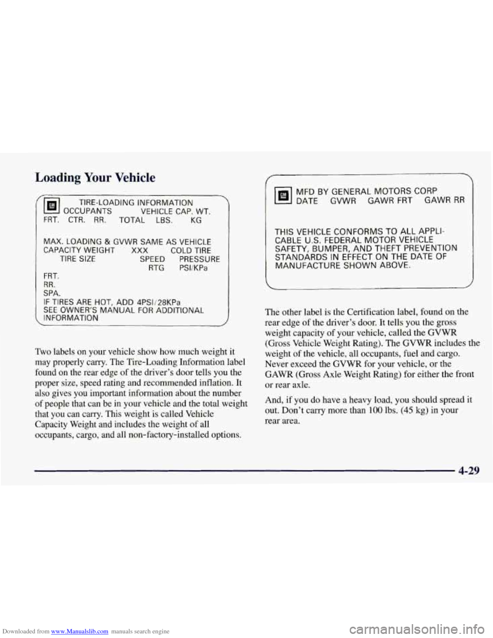 CHEVROLET CORVETTE 1998 5.G Owners Manual Downloaded from www.Manualslib.com manuals search engine Loading Your Vehicle
TIRE-LOADING INFORMATION
VEHICLE CAP. WT.
FRT. CTR. RR. TOTAL LBS.
MAX. LOADING & GVWR SAME AS VEHICLE
CAPACITY CHEVROLET CORVETTE 1998 5.G Owners Manual Downloaded from www.Manualslib.com manuals search engine Loading Your Vehicle
TIRE-LOADING INFORMATION
VEHICLE CAP. WT.
FRT. CTR. RR. TOTAL LBS.
MAX. LOADING & GVWR SAME AS VEHICLE
CAPACITY