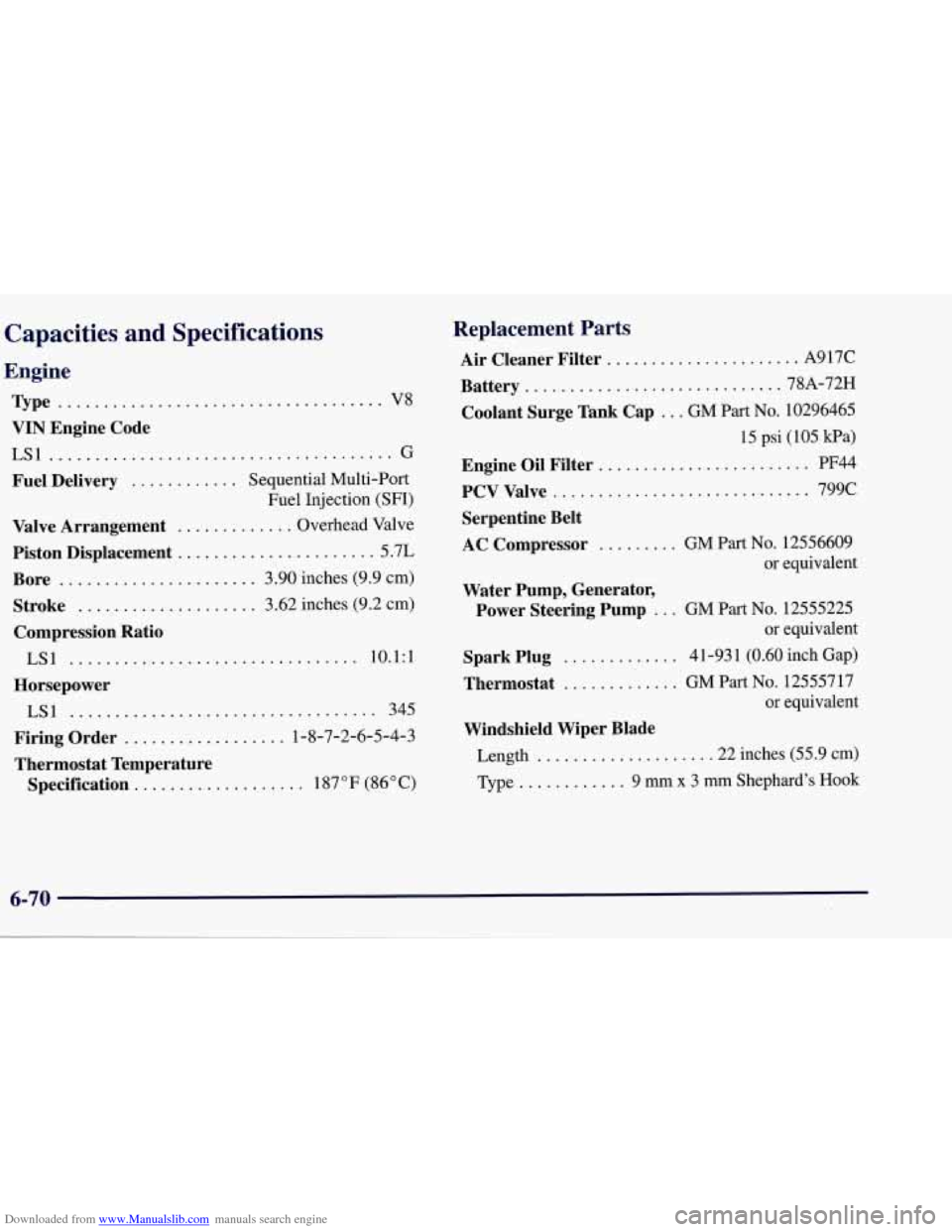 CHEVROLET CORVETTE 1998 5.G Owners Manual Downloaded from www.Manualslib.com manuals search engine Capacities and Specifications
Engine
vpe .................................... V8
VIN Engine Code
LSl .................................. CHEVROLET CORVETTE 1998 5.G Owners Manual Downloaded from www.Manualslib.com manuals search engine Capacities and Specifications
Engine
vpe .................................... V8
VIN Engine Code
LSl ..................................