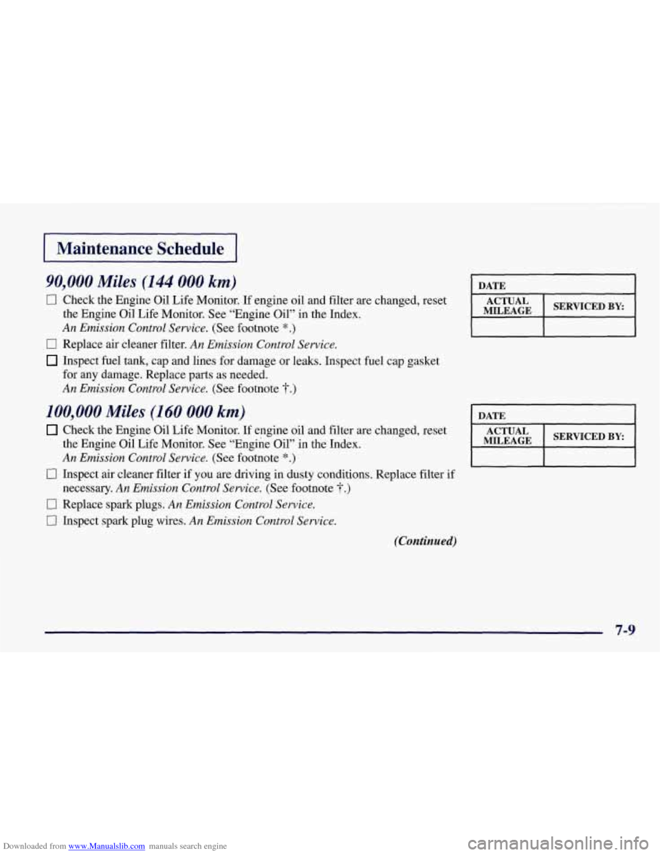 CHEVROLET CORVETTE 1998 5.G Owners Manual Downloaded from www.Manualslib.com manuals search engine I Maintenance Schedule I
90,000 Miles (144 000 km)
0 Check the Engine Oil Life Monitor. If engine oil and filter are changed, reset
the CHEVROLET CORVETTE 1998 5.G Owners Manual Downloaded from www.Manualslib.com manuals search engine I Maintenance Schedule I
90,000 Miles (144 000 km)
0 Check the Engine Oil Life Monitor. If engine oil and filter are changed, reset
the