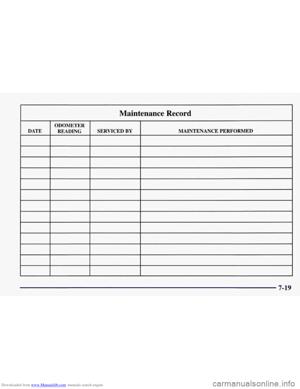 CHEVROLET CORVETTE 1998 5.G Owners Manual Downloaded from www.Manualslib.com manuals search engine Maintenance Record
7-19 CHEVROLET CORVETTE 1998 5.G Owners Manual Downloaded from www.Manualslib.com manuals search engine Maintenance Record
7-19