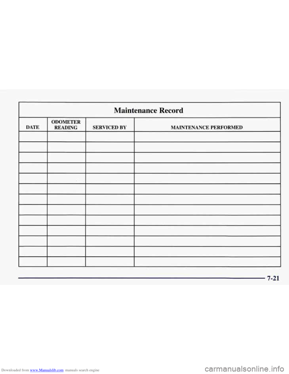 CHEVROLET CORVETTE 1998 5.G Owners Manual Downloaded from www.Manualslib.com manuals search engine ODOMETER
DATE READING
Maintenance Record
SERVICED BY MAINTENANCE PERFORMED
7-21 CHEVROLET CORVETTE 1998 5.G Owners Manual Downloaded from www.Manualslib.com manuals search engine ODOMETER
DATE READING
Maintenance Record
SERVICED BY MAINTENANCE PERFORMED
7-21