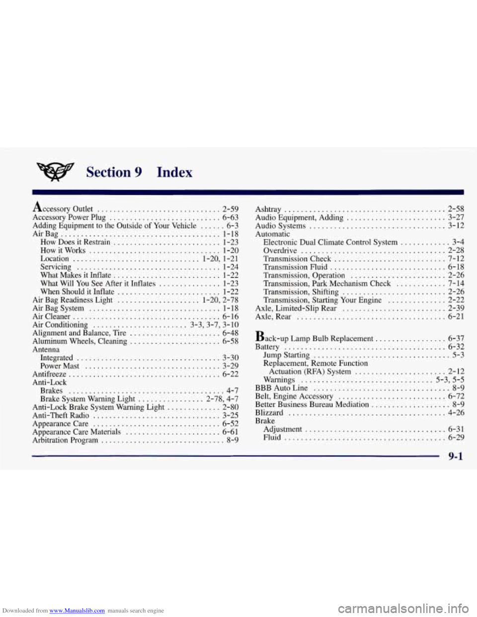 CHEVROLET CORVETTE 1998 5.G Owners Manual Downloaded from www.Manualslib.com manuals search engine Section 9 Index
Accessory Outlet .............................. 2-59
Accessory Power Plug
........................... 6-63
Adding Equipm CHEVROLET CORVETTE 1998 5.G Owners Manual Downloaded from www.Manualslib.com manuals search engine Section 9 Index
Accessory Outlet .............................. 2-59
Accessory Power Plug
........................... 6-63
Adding Equipm