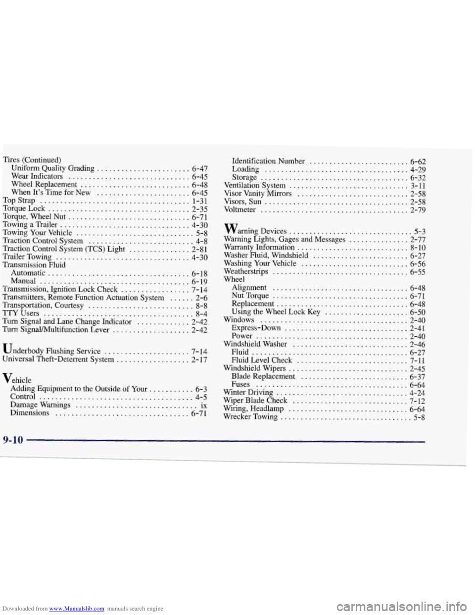 CHEVROLET CORVETTE 1998 5.G Owners Manual Downloaded from www.Manualslib.com manuals search engine Tires (Continued) Uniform Quality Grading ....................... 6-47
Wear Indicators
.............................. 6-45
Wheel Replac CHEVROLET CORVETTE 1998 5.G Owners Manual Downloaded from www.Manualslib.com manuals search engine Tires (Continued) Uniform Quality Grading ....................... 6-47
Wear Indicators
.............................. 6-45
Wheel Replac