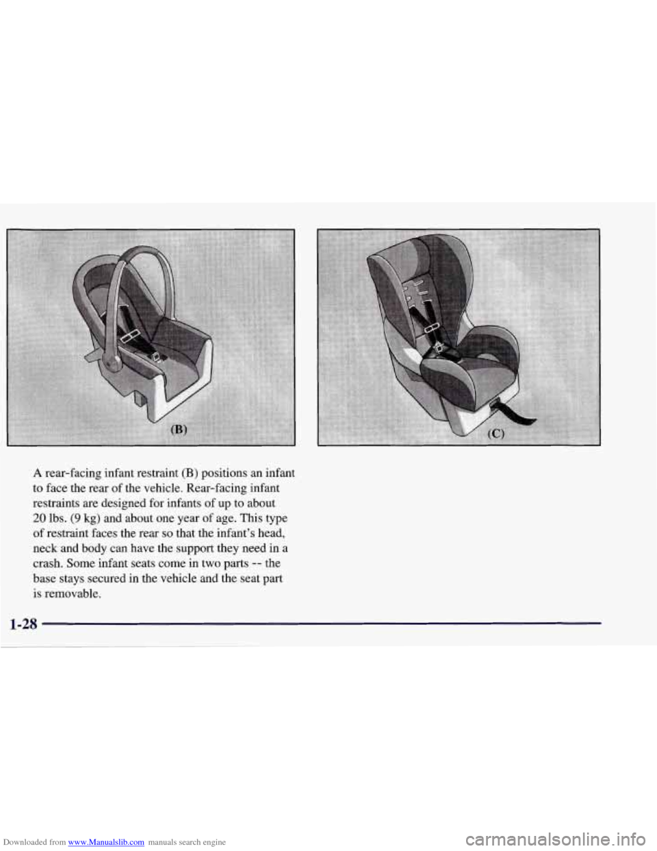 CHEVROLET CORVETTE 1998 5.G Service Manual Downloaded from www.Manualslib.com manuals search engine A rear-facing infant restraint (B) positions an infant
to face the rear of the vehicle. Rear-facing infant
restraints are designed for in CHEVROLET CORVETTE 1998 5.G Service Manual Downloaded from www.Manualslib.com manuals search engine A rear-facing infant restraint (B) positions an infant
to face the rear of the vehicle. Rear-facing infant
restraints are designed for in