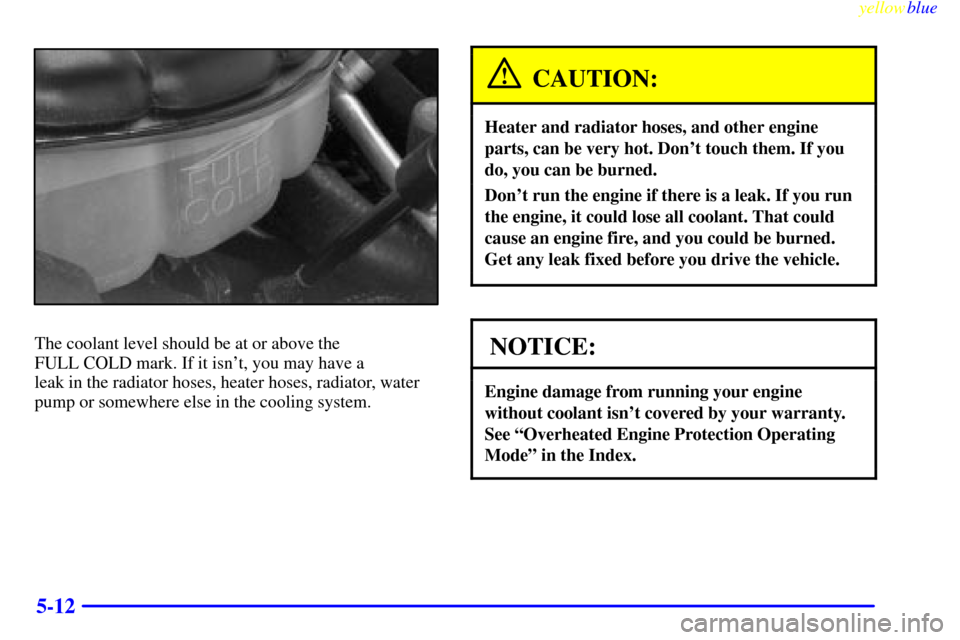CHEVROLET CORVETTE 1999 5.G Owners Manual yellowblue     
5-12
The coolant level should be at or above the 
FULL COLD mark. If it isnt, you may have a 
leak in the radiator hoses, heater hoses, radiator, water
pump or somewhere else in the c