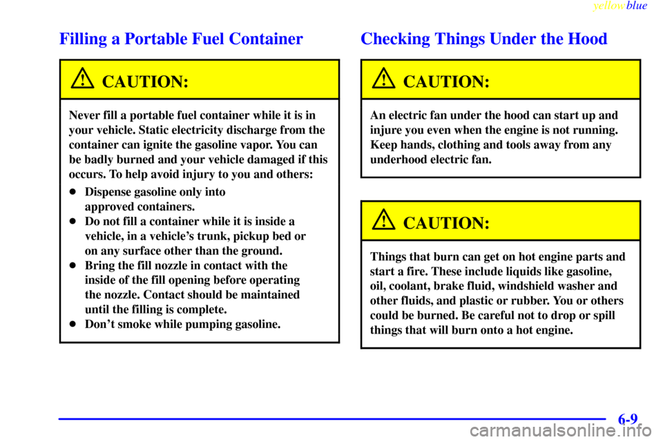CHEVROLET CORVETTE 1999 5.G Owners Manual yellowblue     
6-9
Filling a Portable Fuel Container
CAUTION:
Never fill a portable fuel container while it is in
your vehicle. Static electricity discharge from the
container can ignite the gasoline
