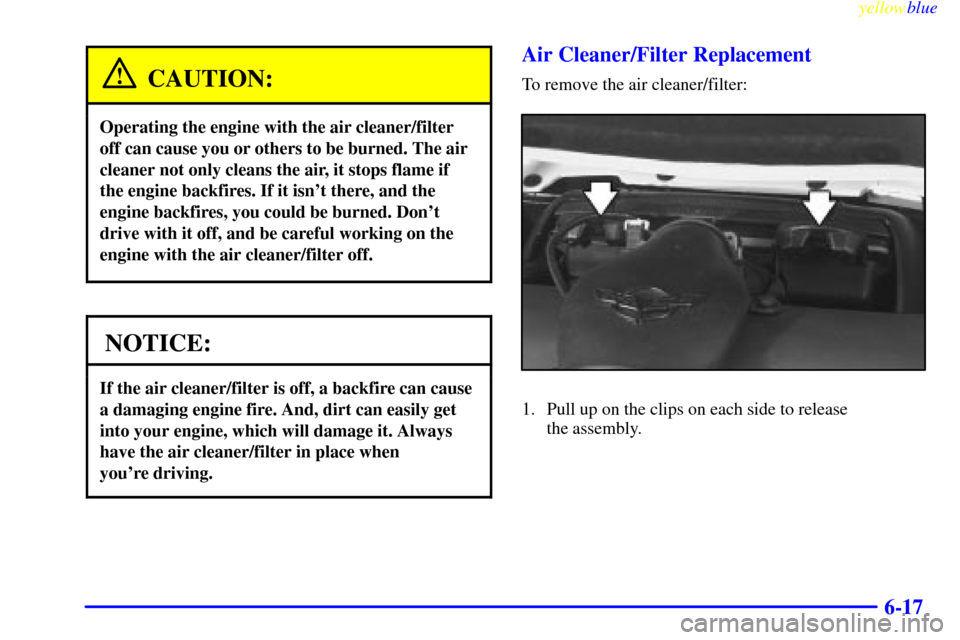 CHEVROLET CORVETTE 1999 5.G Owners Manual yellowblue     
6-17
CAUTION:
Operating the engine with the air cleaner/filter
off can cause you or others to be burned. The air
cleaner not only cleans the air, it stops flame if
the engine backfires
