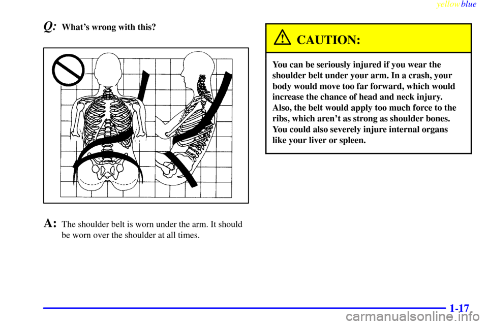 CHEVROLET CORVETTE 1999 5.G Owners Manual yellowblue     
1-17
Q:Whats wrong with this?
A:The shoulder belt is worn under the arm. It should
be worn over the shoulder at all times.
CAUTION:
You can be seriously injured if you wear the
should