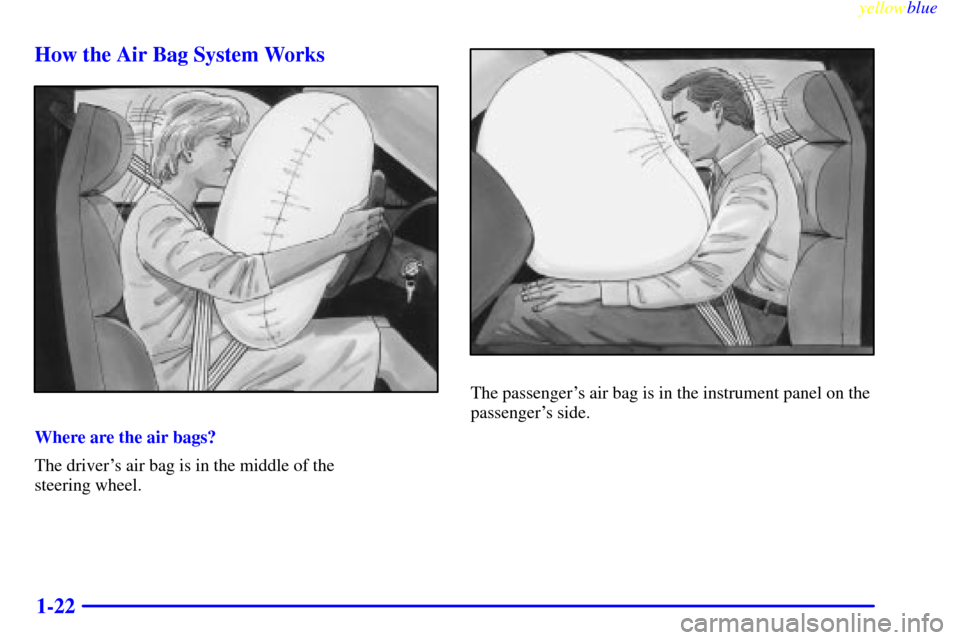 CHEVROLET CORVETTE 1999 5.G Owners Guide yellowblue     
1-22 How the Air Bag System Works
Where are the air bags?
The drivers air bag is in the middle of the 
steering wheel.
The passengers air bag is in the instrument panel on the
passen
