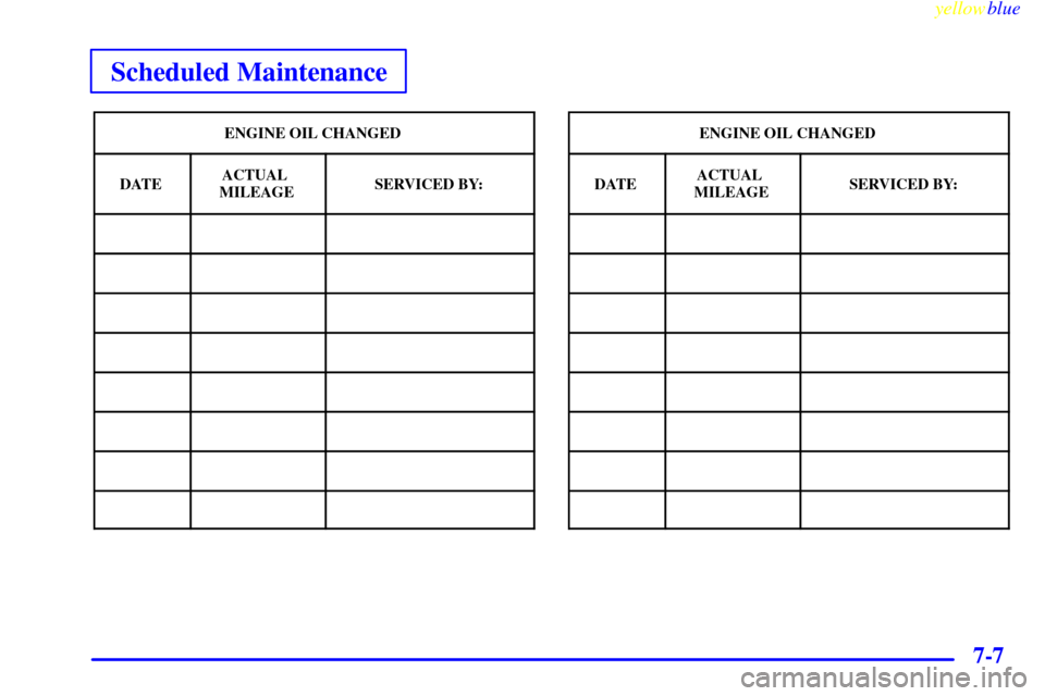 CHEVROLET CORVETTE 1999 5.G Owners Manual yellowblue     
Scheduled Maintenance
7-7
ENGINE OIL CHANGED
DATEACTUAL 
MILEAGESERVICED BY:
ENGINE OIL CHANGED
DATEACTUAL 
MILEAGESERVICED BY: 