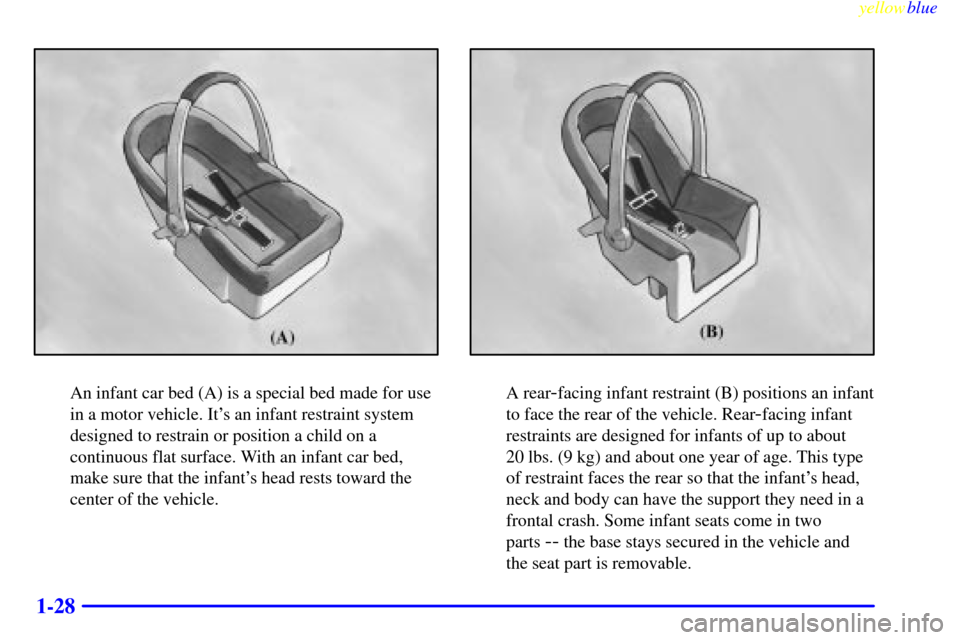 CHEVROLET CORVETTE 1999 5.G Owners Manual yellowblue     
1-28
An infant car bed (A) is a special bed made for use
in a motor vehicle. Its an infant restraint system
designed to restrain or position a child on a
continuous flat surface. With