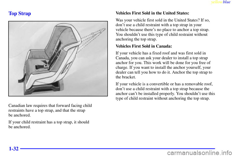 CHEVROLET CORVETTE 1999 5.G Service Manual yellowblue     
1-32 Top Strap
Canadian law requires that forward facing child
restraints have a top strap, and that the strap 
be anchored.
If your child restraint has a top strap, it should 
be anch