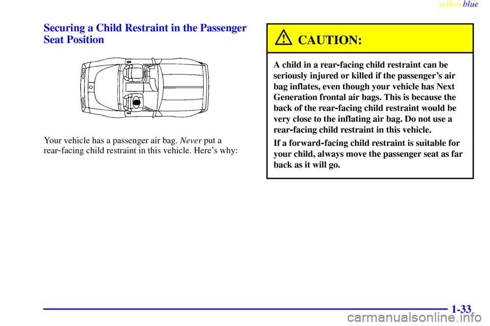 CHEVROLET CORVETTE 1999 5.G Owners Manual yellowblue     
1-33 Securing a Child Restraint in the Passenger
Seat Position
Your vehicle has a passenger air bag. Never put a
rear
-facing child restraint in this vehicle. Heres why:
CAUTION:
A ch