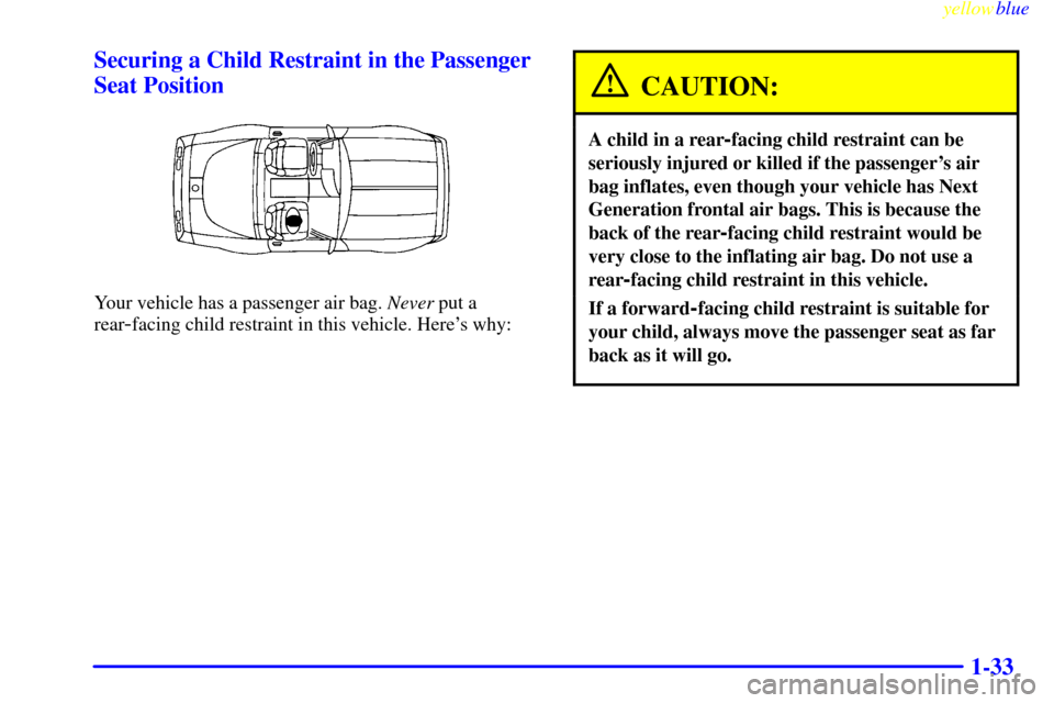 CHEVROLET CORVETTE 1999 5.G Service Manual yellowblue     
1-33 Securing a Child Restraint in the Passenger
Seat Position
Your vehicle has a passenger air bag. Never put a
rear
-facing child restraint in this vehicle. Heres why:
CAUTION:
A ch