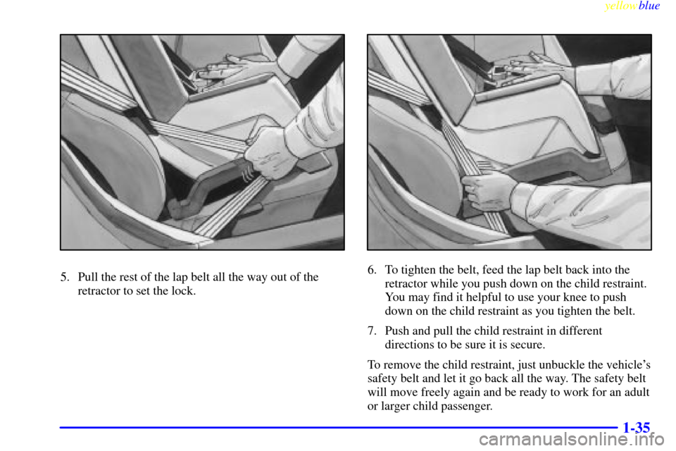 CHEVROLET CORVETTE 1999 5.G Service Manual yellowblue     
1-35
5. Pull the rest of the lap belt all the way out of the
retractor to set the lock.6. To tighten the belt, feed the lap belt back into the
retractor while you push down on the chil