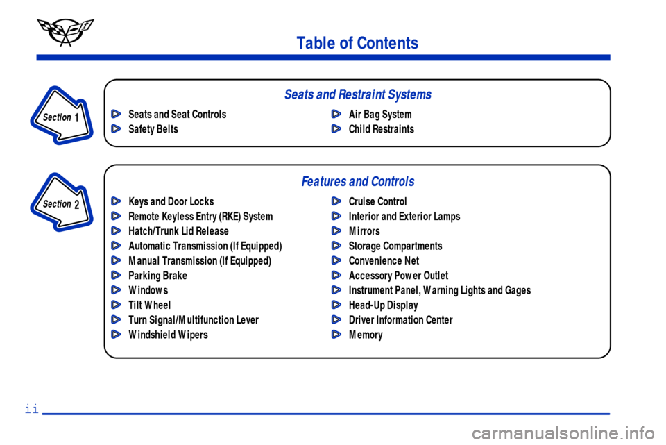 CHEVROLET CORVETTE 2000 5.G Owners Manual Table of Contents
Keys and Door Locks
Remote Keyless Entry (RKE) System
Hatch/Trunk Lid Release
Automatic Transmission (If Equipped) 
Manual Transmission (If Equipped)
Parking Brake
Windows
Tilt Wheel