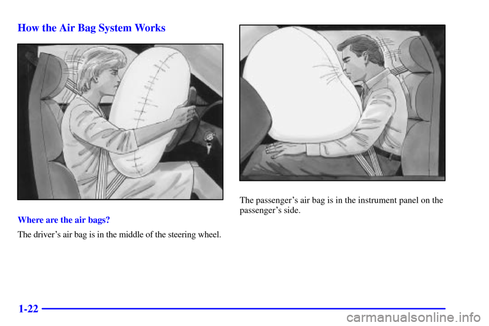 CHEVROLET CORVETTE 2000 5.G Owners Guide 1-22 How the Air Bag System Works
Where are the air bags?
The drivers air bag is in the middle of the steering wheel.
The passengers air bag is in the instrument panel on the
passengers side. 