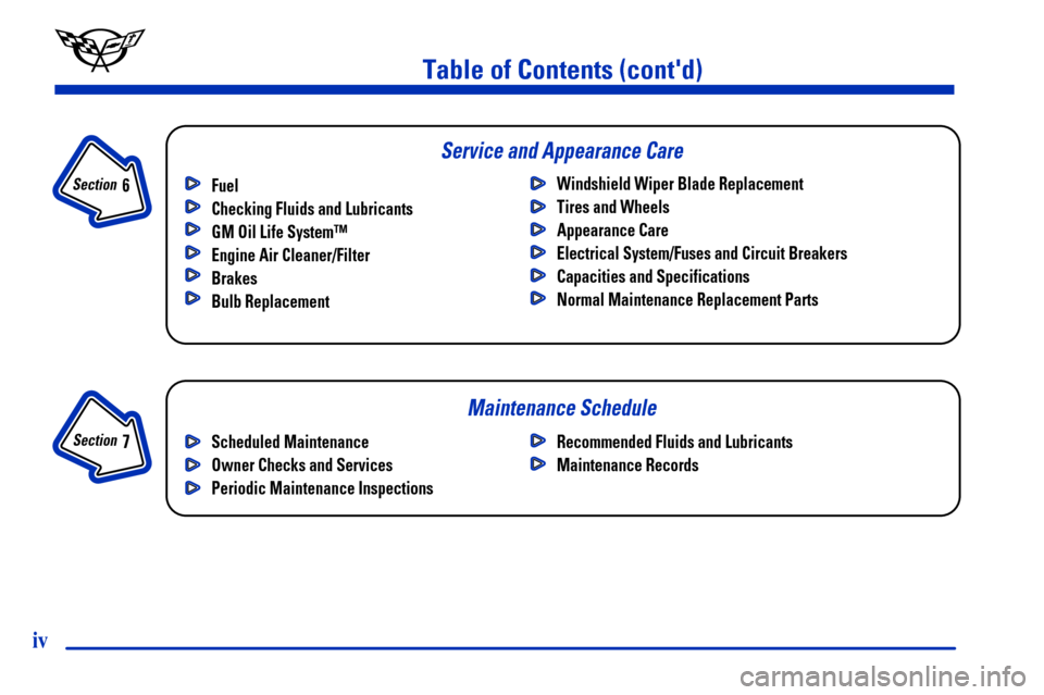 CHEVROLET CORVETTE 2000 5.G Owners Manual Maintenance Schedule Service and Appearance Care
Table of Contents (contd)
Fuel
Checking Fluids and Lubricants
GM Oil Life System™
Engine Air Cleaner/Filter
Brakes
Bulb ReplacementWindshield Wiper 