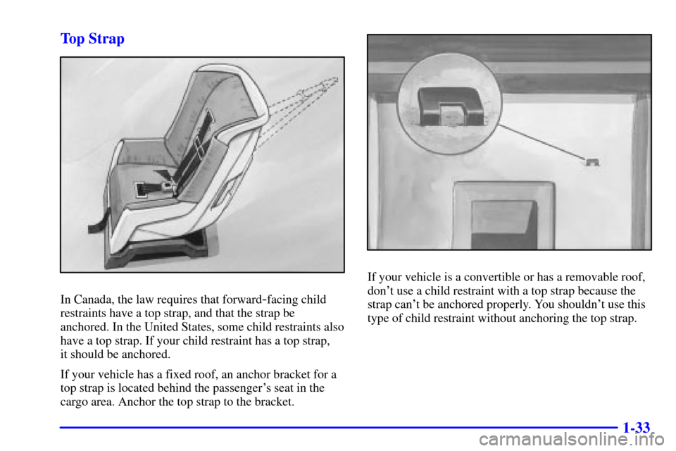 CHEVROLET CORVETTE 2000 5.G Workshop Manual 1-33 Top Strap
In Canada, the law requires that forward-facing child
restraints have a top strap, and that the strap be
anchored. In the United States, some child restraints also
have a top strap. If 