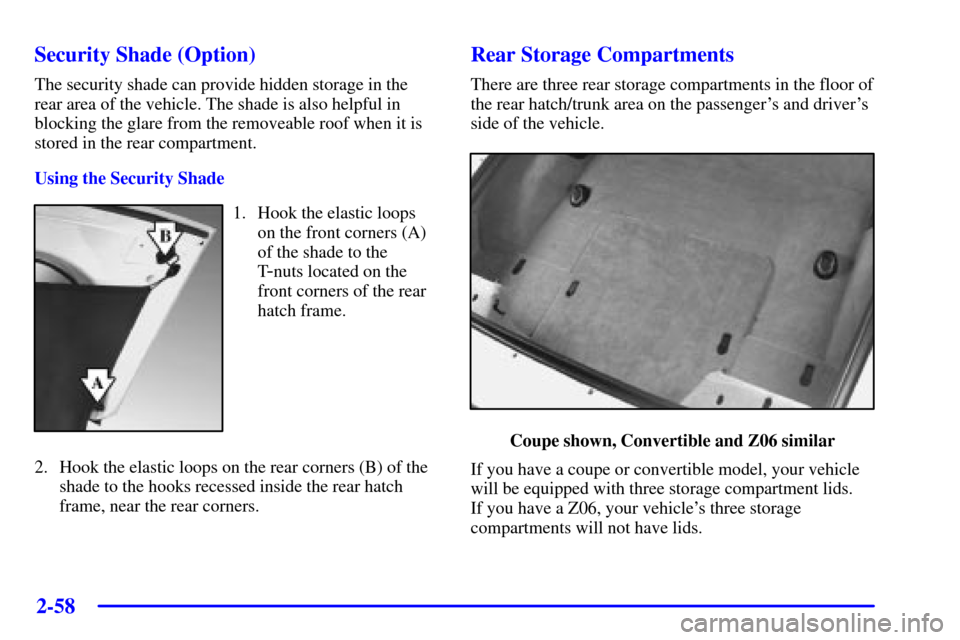 CHEVROLET CORVETTE 2001 5.G Owners Manual 2-58
Security Shade (Option)
The security shade can provide hidden storage in the
rear area of the vehicle. The shade is also helpful in
blocking the glare from the removeable roof when it is
stored i