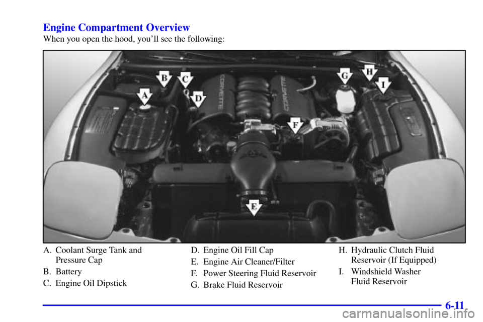 CHEVROLET CORVETTE 2001 5.G Owners Manual 6-11 Engine Compartment Overview
When you open the hood, youll see the following:
A. Coolant Surge Tank and
Pressure Cap
B. Battery
C. Engine Oil DipstickD. Engine Oil Fill Cap
E. Engine Air Cleaner/