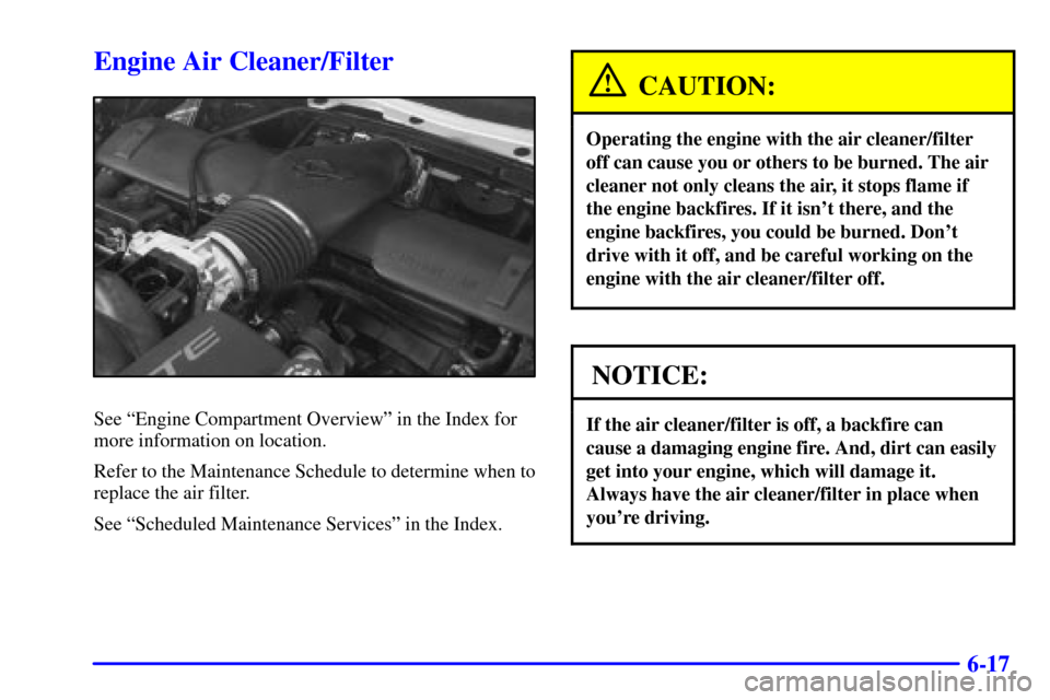 CHEVROLET CORVETTE 2001 5.G Owners Manual 6-17
Engine Air Cleaner/Filter
See ªEngine Compartment Overviewº in the Index for
more information on location.
Refer to the Maintenance Schedule to determine when to
replace the air filter.
See ªS