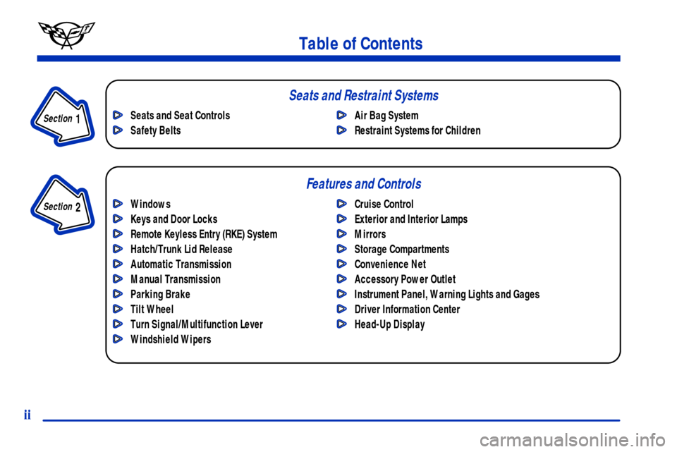 CHEVROLET CORVETTE 2001 5.G Owners Manual Windows
Keys and Door Locks
Remote Keyless Entry (RKE) System
Hatch/Trunk Lid Release
Automatic Transmission 
Manual Transmission
Parking Brake
Tilt Wheel
Turn Signal/Multifunction Lever
Windshield Wi