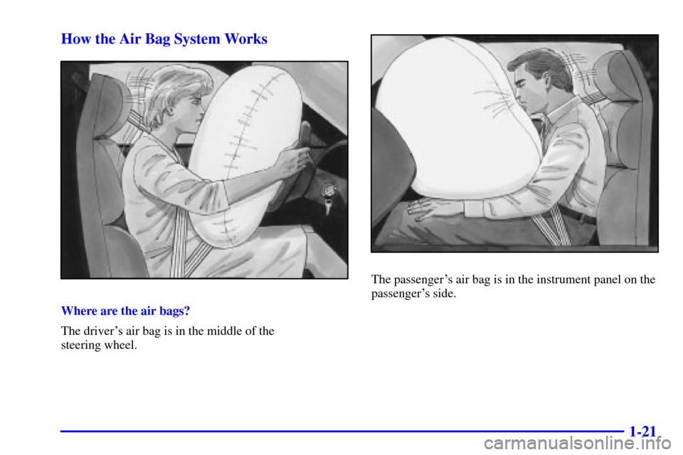 CHEVROLET CORVETTE 2001 5.G Owners Manual 1-21 How the Air Bag System Works
Where are the air bags?
The drivers air bag is in the middle of the 
steering wheel.
The passengers air bag is in the instrument panel on the
passengers side. 