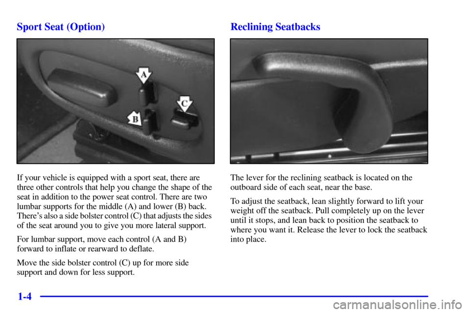 CHEVROLET CORVETTE 2002 5.G User Guide 1-4 Sport Seat (Option)
If your vehicle is equipped with a sport seat, there are 
three other controls that help you change the shape of the
seat in addition to the power seat control. There are two
l