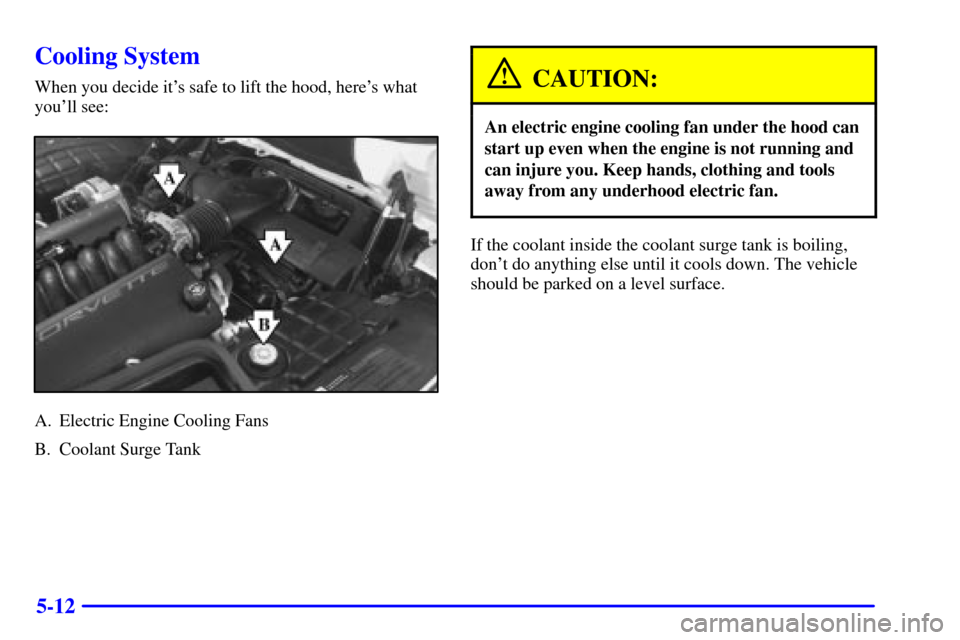 CHEVROLET CORVETTE 2002 5.G Owners Manual 5-12
Cooling System
When you decide its safe to lift the hood, heres what
youll see:
A. Electric Engine Cooling Fans
B. Coolant Surge Tank
CAUTION:
An electric engine cooling fan under the hood can