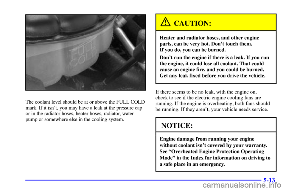 CHEVROLET CORVETTE 2002 5.G Owners Manual 5-13
The coolant level should be at or above the FULL COLD
mark. If it isnt, you may have a leak at the pressure cap
or in the radiator hoses, heater hoses, radiator, water
pump or somewhere else in 