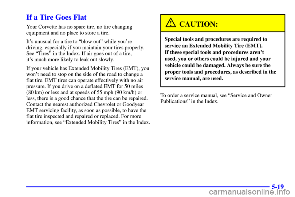 CHEVROLET CORVETTE 2002 5.G Owners Manual 5-19
If a Tire Goes Flat
Your Corvette has no spare tire, no tire changing
equipment and no place to store a tire.
Its unusual for a tire to ªblow outº while youre 
driving, especially if you main