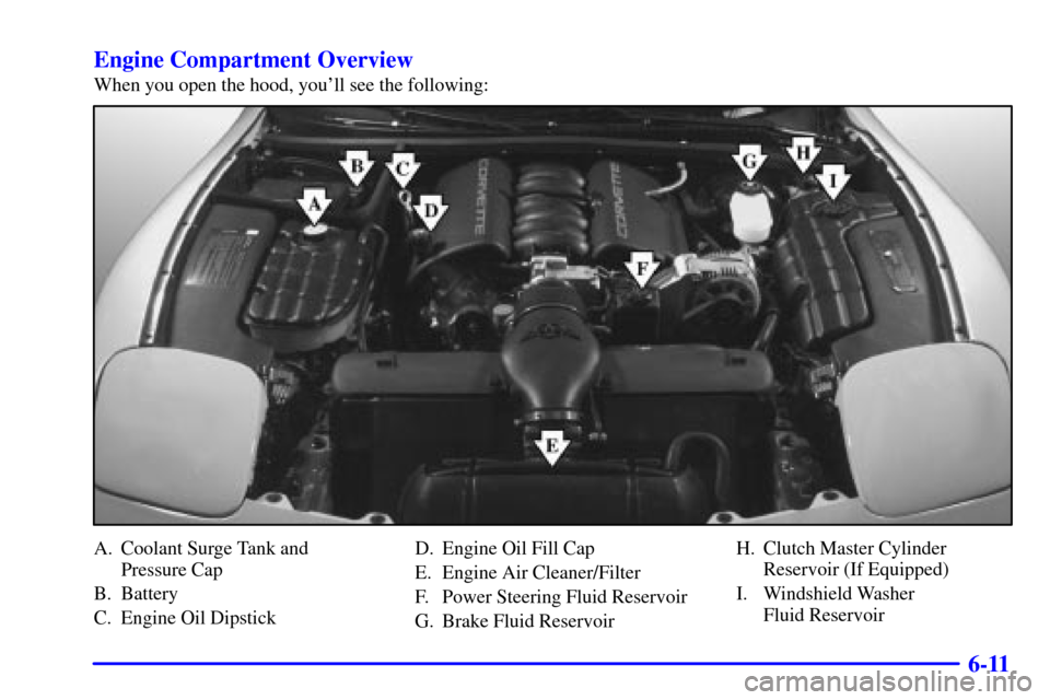 CHEVROLET CORVETTE 2002 5.G Owners Manual 6-11 Engine Compartment Overview
When you open the hood, youll see the following:
A. Coolant Surge Tank and
Pressure Cap
B. Battery
C. Engine Oil DipstickD. Engine Oil Fill Cap
E. Engine Air Cleaner/