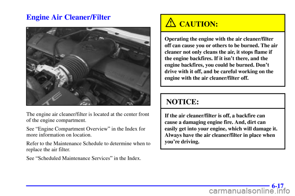 CHEVROLET CORVETTE 2002 5.G Owners Manual 6-17
Engine Air Cleaner/Filter
The engine air cleaner/filter is located at the center front
of the engine compartment.
See ªEngine Compartment Overviewº in the Index for
more information on location