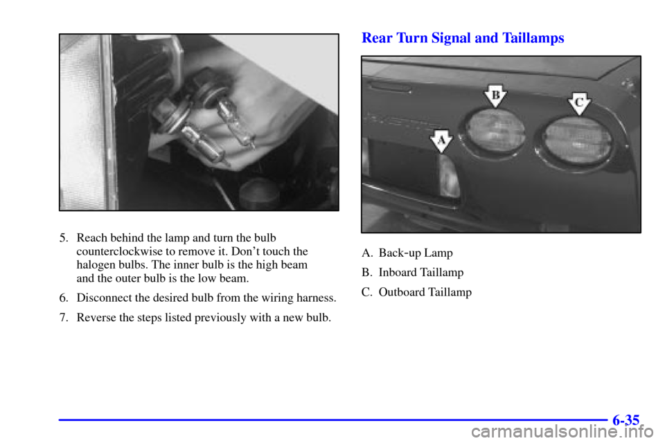 CHEVROLET CORVETTE 2002 5.G Owners Manual 6-35
5. Reach behind the lamp and turn the bulb
counterclockwise to remove it. Dont touch the
halogen bulbs. The inner bulb is the high beam
and the outer bulb is the low beam.
6. Disconnect the des CHEVROLET CORVETTE 2002 5.G Owners Manual 6-35
5. Reach behind the lamp and turn the bulb
counterclockwise to remove it. Dont touch the
halogen bulbs. The inner bulb is the high beam
and the outer bulb is the low beam.
6. Disconnect the des