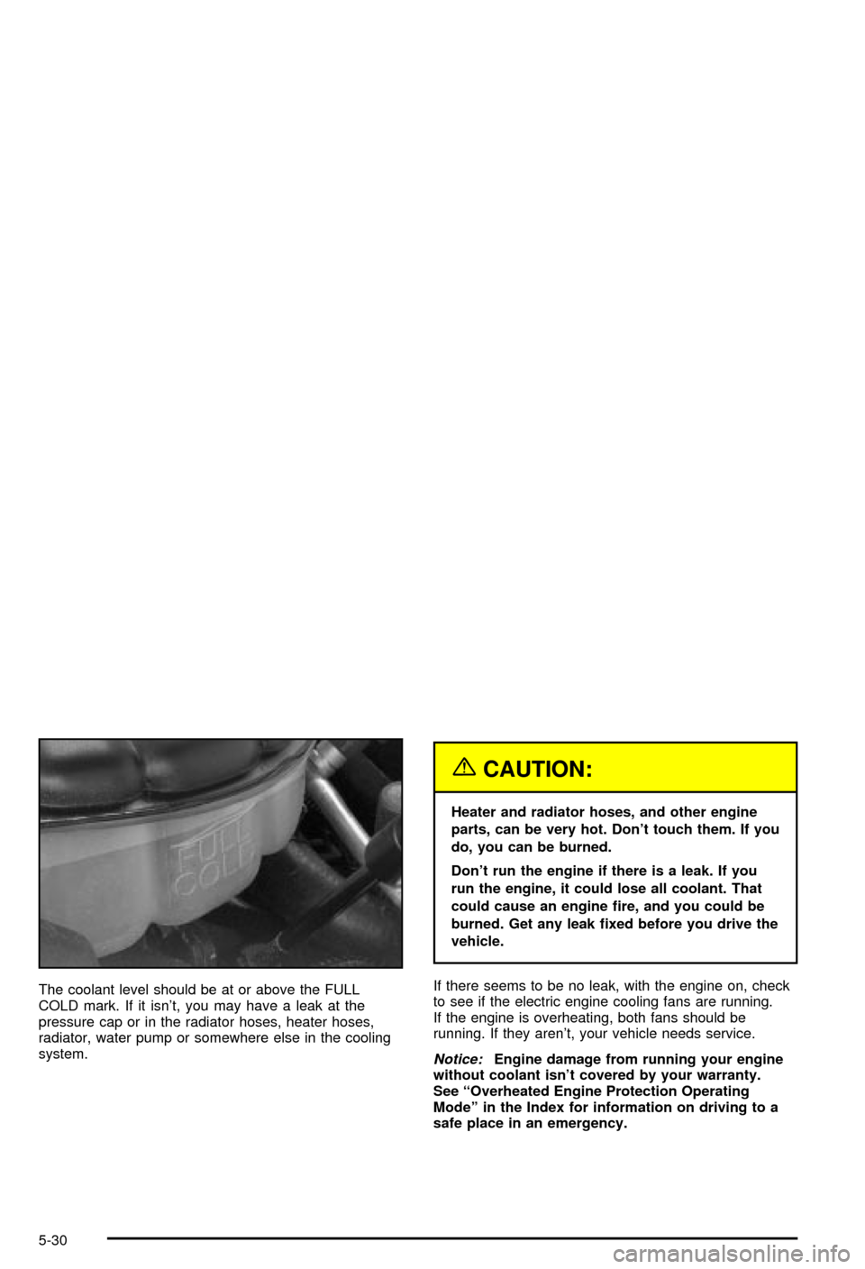 CHEVROLET CORVETTE 2003 5.G Owners Manual The coolant level should be at or above the FULL
COLD mark. If it isnt, you may have a leak at the
pressure cap or in the radiator hoses, heater hoses,
radiator, water pump or somewhere else in the c