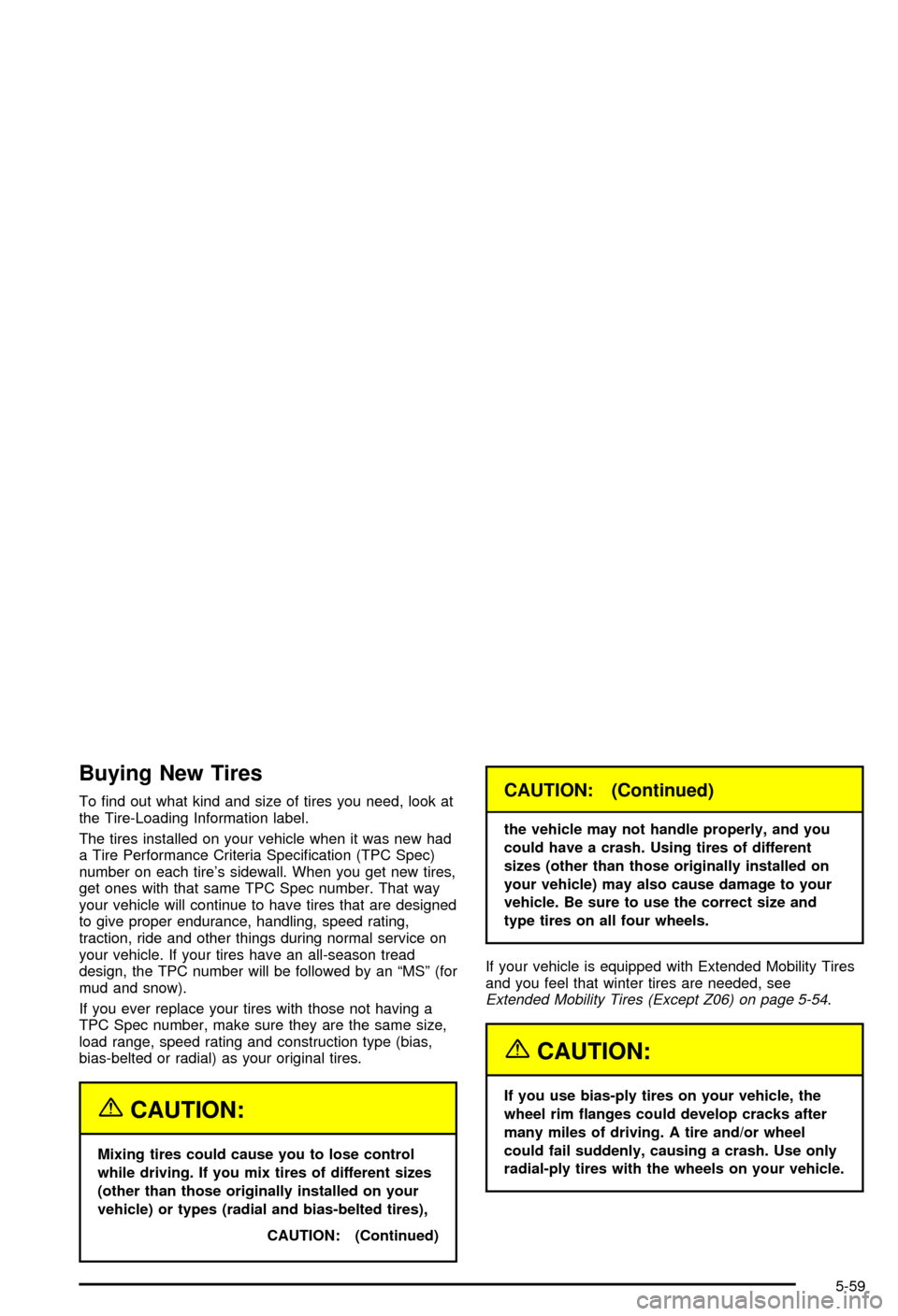 CHEVROLET CORVETTE 2003 5.G Owners Manual Buying New Tires
To ®nd out what kind and size of tires you need, look at
the Tire-Loading Information label.
The tires installed on your vehicle when it was new had
a Tire Performance Criteria Speci