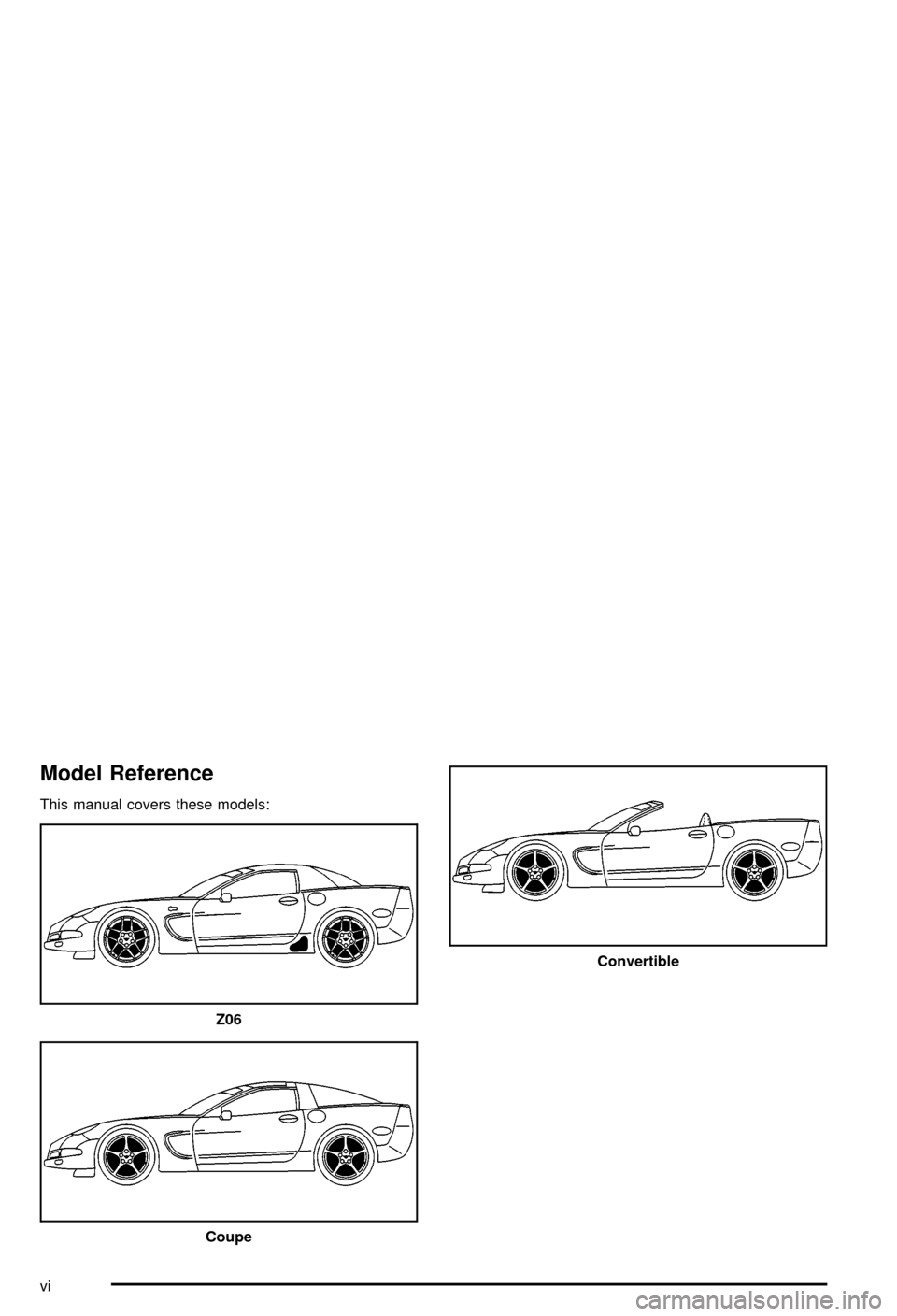 CHEVROLET CORVETTE 2003 5.G Owners Manual Model Reference
This manual covers these models:
Z06
Coupe
Convertible
vi 