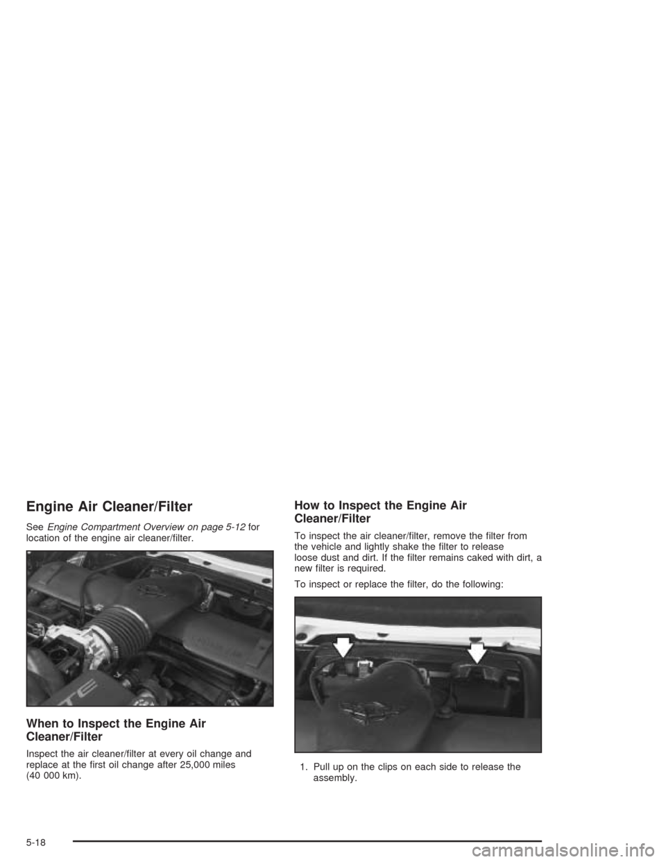 CHEVROLET CORVETTE 2004 5.G Owners Manual Engine Air Cleaner/Filter
SeeEngine Compartment Overview on page 5-12for
location of the engine air cleaner/ﬁlter.
When to Inspect the Engine Air
Cleaner/Filter
Inspect the air cleaner/ﬁlter at ev