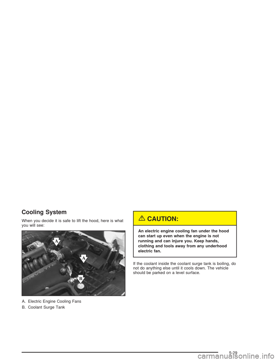 CHEVROLET CORVETTE 2004 5.G Owners Manual Cooling System
When you decide it is safe to lift the hood, here is what
you will see:
A. Electric Engine Cooling Fans
B. Coolant Surge Tank{CAUTION:
An electric engine cooling fan under the hood
can 