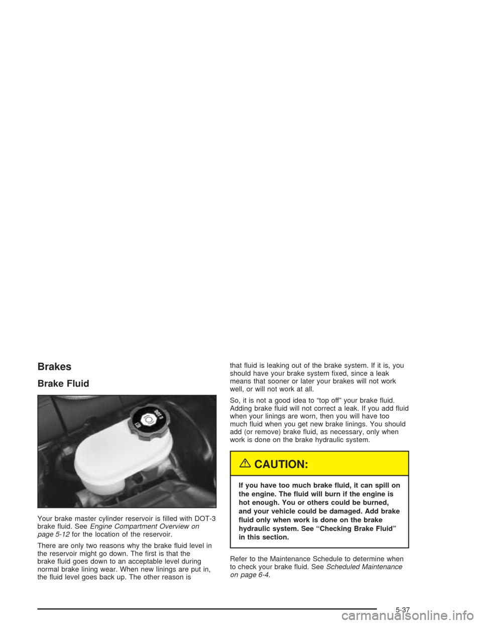 CHEVROLET CORVETTE 2004 5.G Owners Manual Brakes
Brake Fluid
Your brake master cylinder reservoir is ﬁlled with DOT-3
brake ﬂuid. SeeEngine Compartment Overview on
page 5-12for the location of the reservoir.
There are only two reasons why